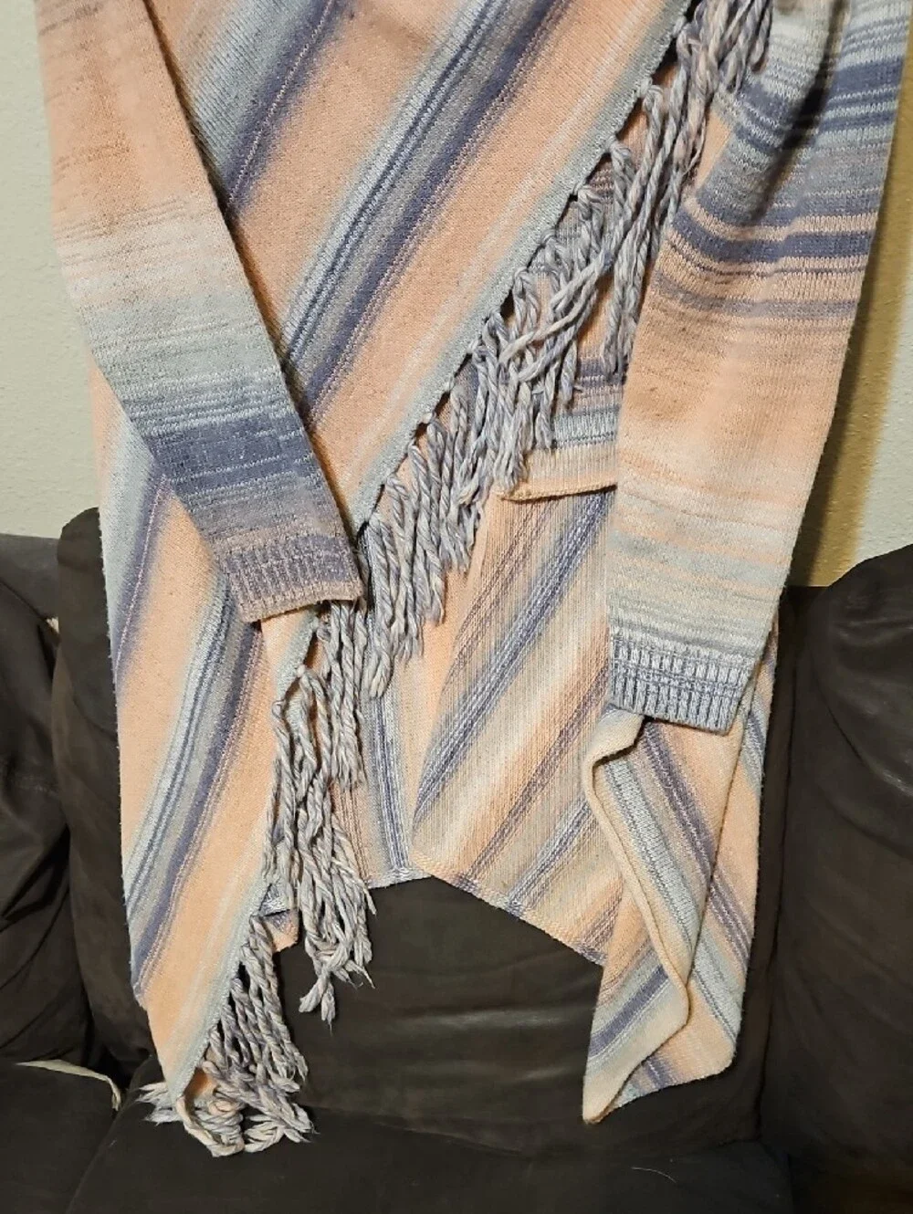 Nostalgia Peach, Gray & Blue Striped Fringe Shawl Cardigan